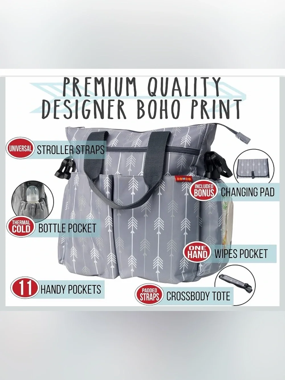 Grey Arrow-Print Diaper Bag with Changing Pad